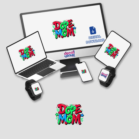 Dope Mom sticker featuring a laptop and phone alongside a computer monitor, highlighting the tech-savvy theme. Available as both a vinyl sticker and digital artwork from Decal Venue.