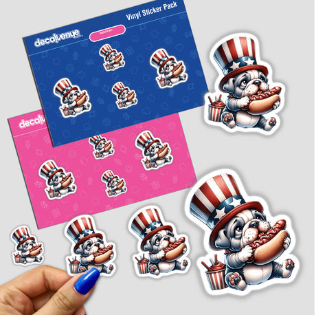 Bulldog Wearing Uncle Sam Hat Eating a Hot Dog