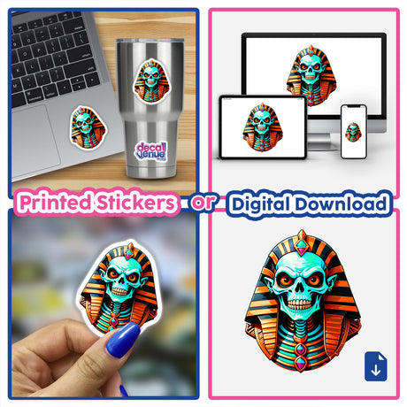 Collage showcasing A Cool Egyptian Pharaoh Skull stickers and digital artwork, featuring a cartoon skeleton in Egyptian attire, suitable for laptops and cups.
