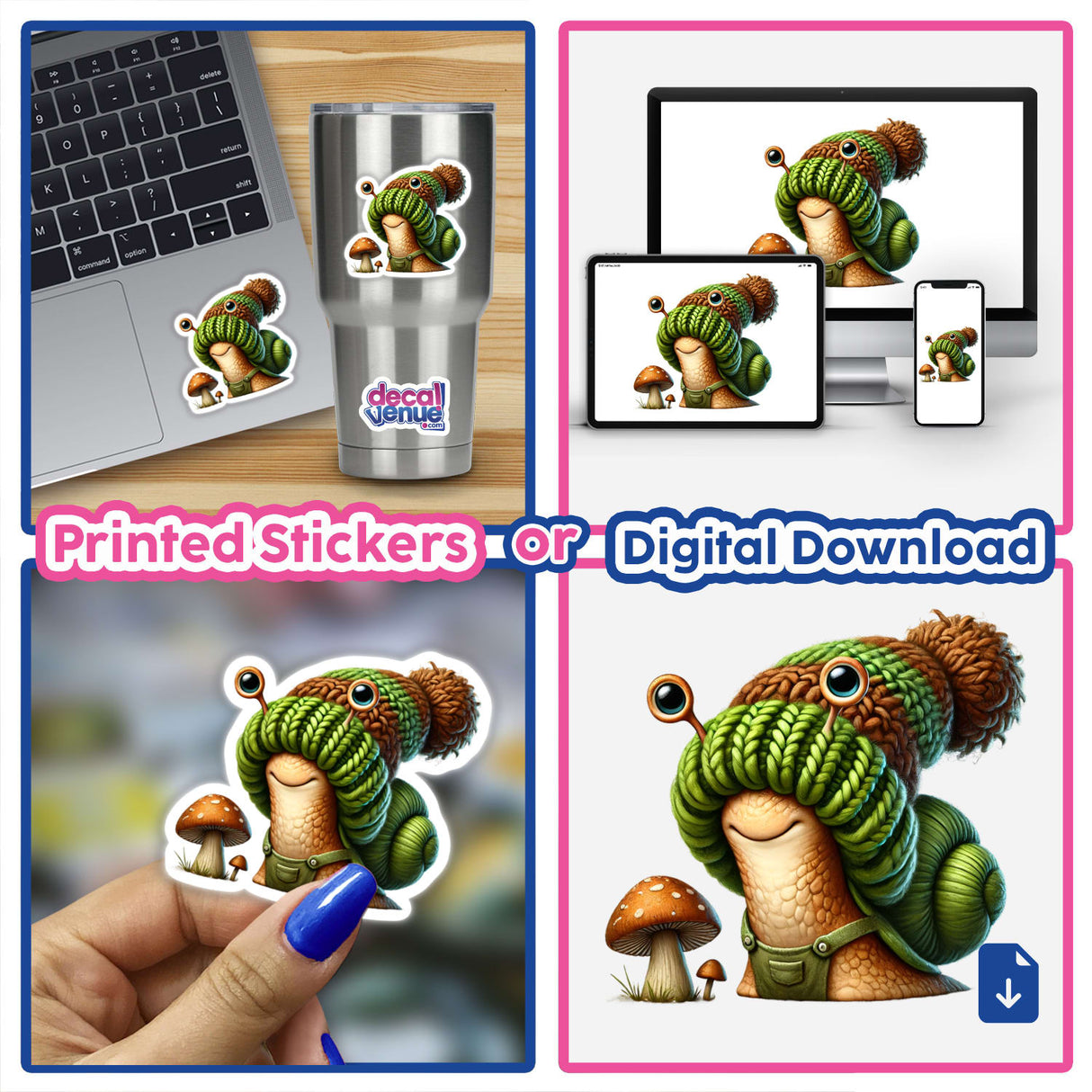 Collage of Snail Gnome with Mushroom stickers and digital artwork, featuring cartoon snails in various poses, some wearing knitted hats and holding mushrooms.