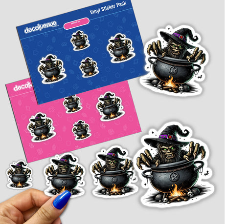 Spooky Sasquatch Sticker Pack - Whimsical Halloween-themed digital artwork featuring a Sasquatch character peeking out of a cauldron, surrounded by smaller sticker designs in a Decal Venue store product image.