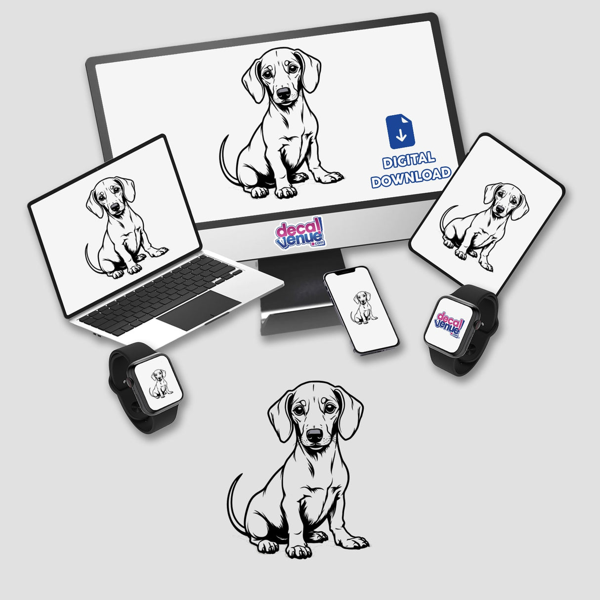 Adorable Dachshund Clipart Outline on computer monitor and laptop screens, available as Stickers or Commercial Use Download.