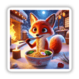 a red fox eating noodles from a bowl