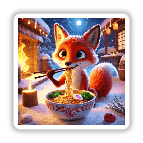 a red fox eating noodles from a bowl