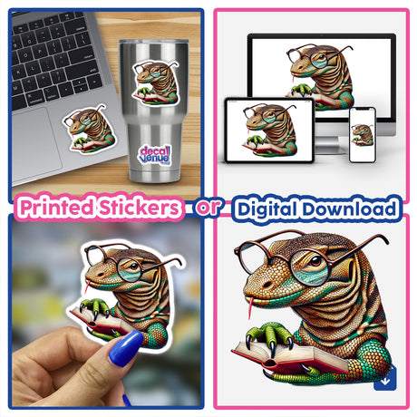 Komodo Dragon With Reading Glasses Open Book sticker, featuring a cartoon lizard with glasses, holding a book. Available as a unique vinyl sticker or digital artwork from Decal Venue.