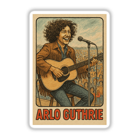 Arlo Guthrie Woodstock Retro Trading Card Printable: Hand-drawn card featuring Arlo's curls, fringed jacket, and smile, set against a festival crowd, ideal for sticker or digital art enthusiasts.