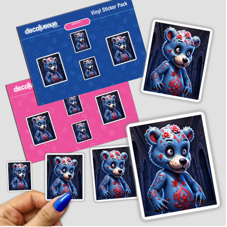 Sticker pack featuring 'A Macabre Scary Bear' cartoon characters, showcasing unique designs available as stickers or digital artwork, held by a hand.