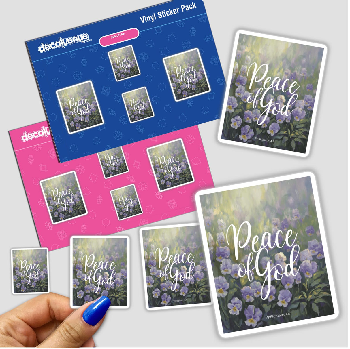 Hand holding Viola Peace of God Sticker or Clipart with Commercial Rights - Philippians 4:7, featuring intricate floral designs, available as stickers or digital artwork.