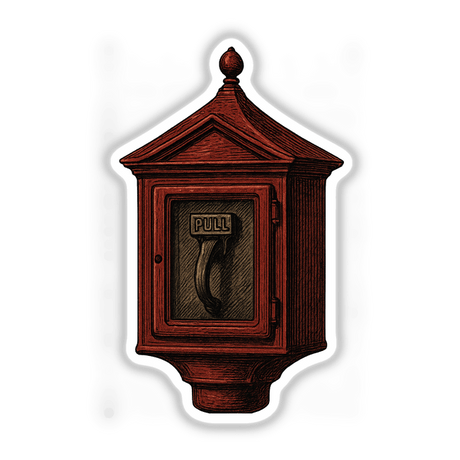 Fire Alarm Box Clipart PNG & Sticker – Vintage Gamewell design featuring a detailed, bold Edwardian style fire alarm box illustration, suitable for printable crafts, history scrapbooks, or as a striking waterproof sticker.