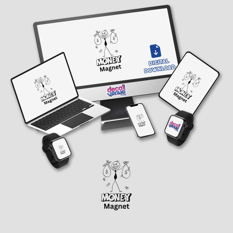 Money Magnet Stickman sticker or digital artwork displayed on a laptop and computer monitor, featuring a cartoon character holding money bags, ideal for office settings.