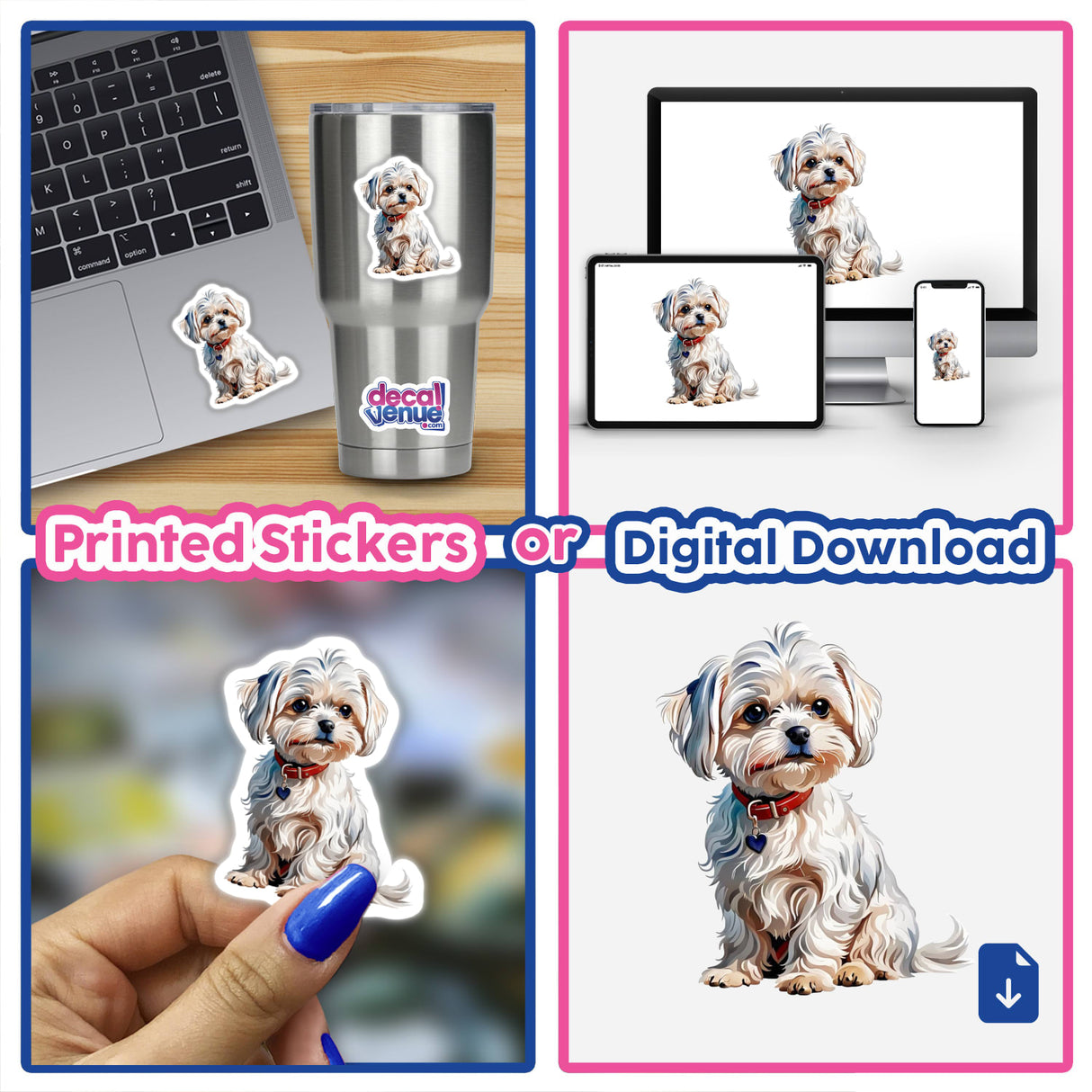 Maltese Dog Watercolor Clipart & Stickers – Commercial Rights featuring a collage of a laptop adorned with a dog sticker and a digital artwork of a white dog with a red collar.