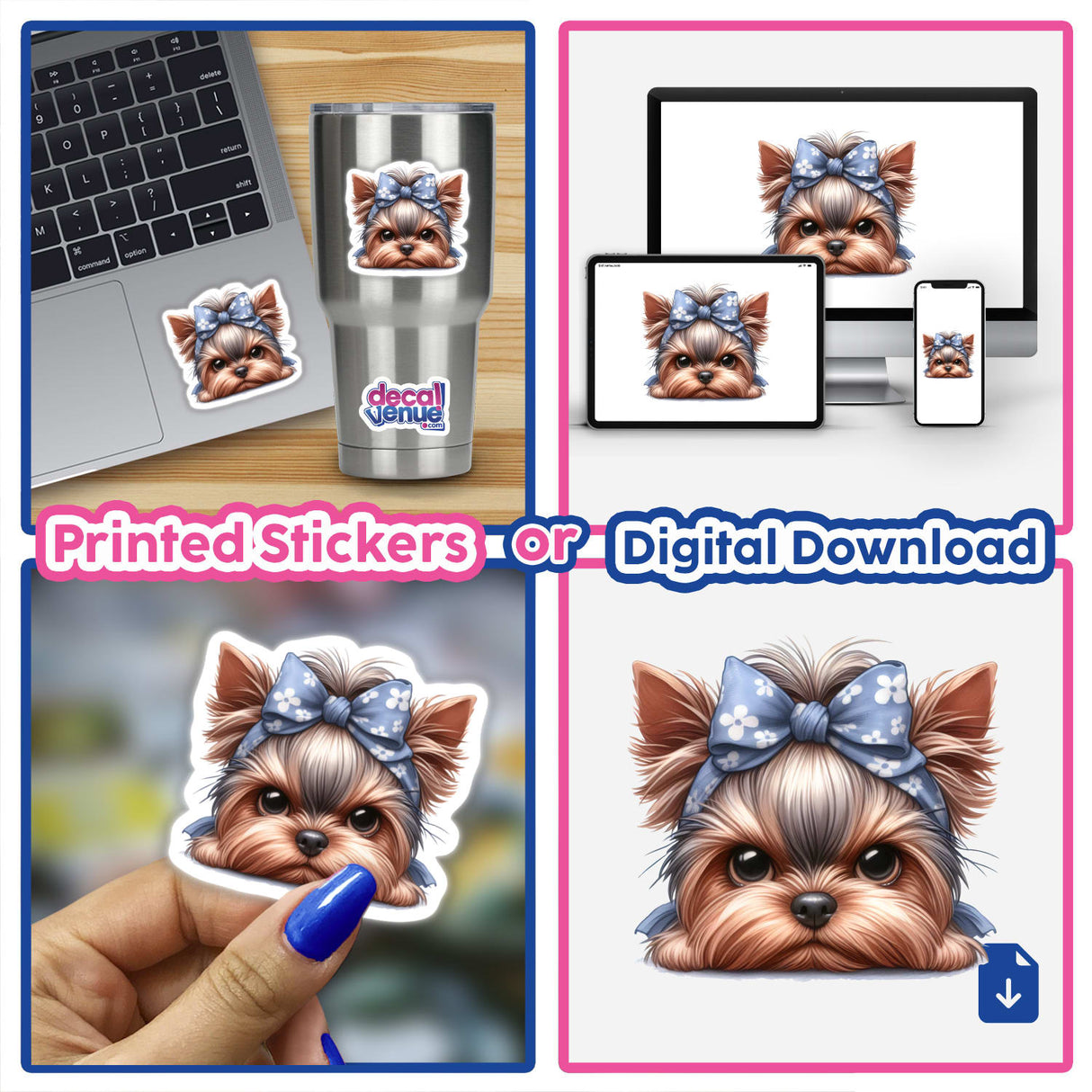 Whimsical Yorkie Puppy: Playful puppy with ribbons and bows, digital artwork by Ella Designz available as printed stickers or digital download from Decal Venue.