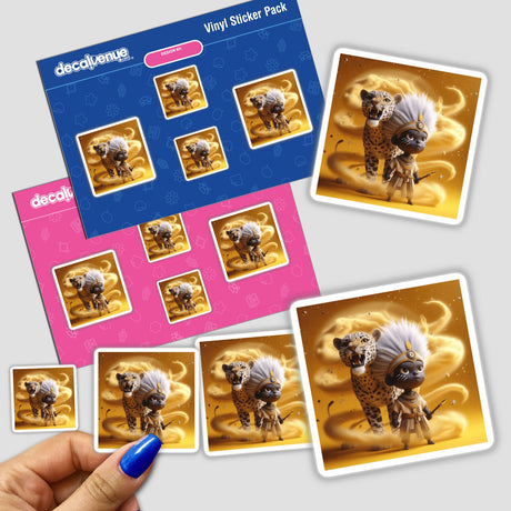 Hand holding a sticker pack featuring an African Tribal Warrior cartoon character alongside a cheetah, showcasing Decal Venue's unique vinyl stickers and digital art offerings.