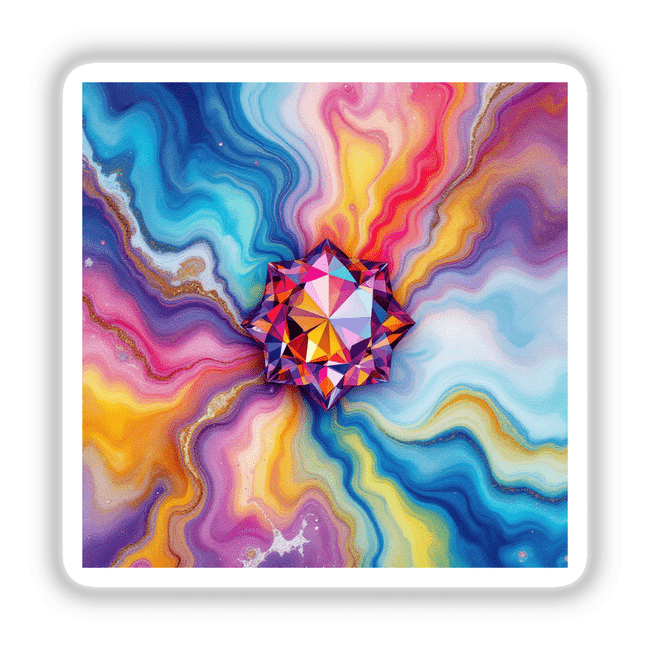 Gemstone Alcohol Ink Design featuring a vibrant, swirly abstract pattern with a diamond-like centerpiece, available as stickers or digital artwork from Decal Venue.