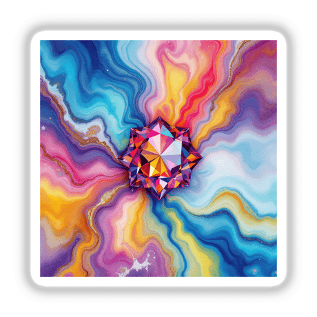 Gemstone Alcohol Ink Design featuring a vibrant, swirly abstract pattern with a diamond-like centerpiece, available as stickers or digital artwork from Decal Venue.