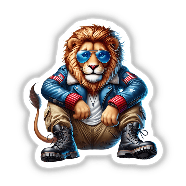 Cartoon lion wearing aviator sunglasses and a jacket, titled Patriotic Leather Lion Aviator Sunglasses, available as stickers or digital artwork.