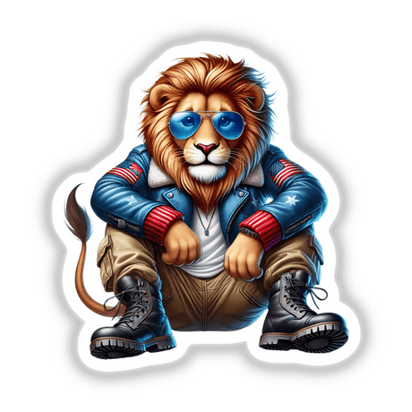Cartoon lion wearing aviator sunglasses and a jacket, titled Patriotic Leather Lion Aviator Sunglasses, available as stickers or digital artwork.