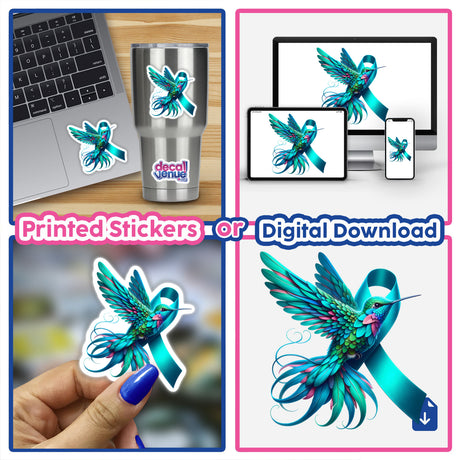 Hummingbird Teal Ribbon Cervical Cancer Awareness sticker displayed on a laptop, showcasing a delicate hummingbird intertwined with a blue ribbon, symbolizing support and awareness in a digital collage.