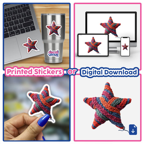 Knitted Yarn Star featured among a collage of stickers, showcasing its vibrant texture. Ideal as a unique sticker or digital artwork from Decal Venue's creative collection.