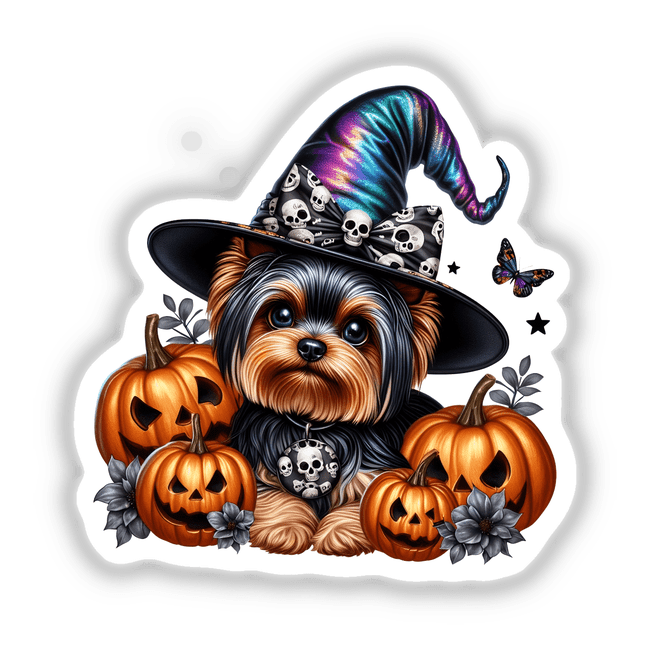 Adorable Yorkshire terrier dog wearing a Halloween witch hat, surrounded by carved pumpkins and spooky decorations against a white background.
