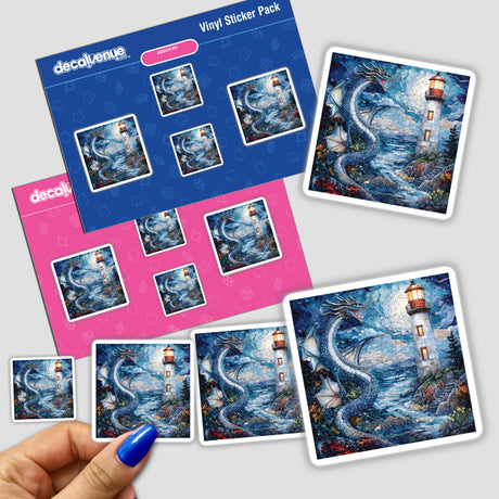 Mystical Dragon and Lighthouse Mosaic sticker depicts intricate mosaic art featuring a dragon and lighthouse, available as unique stickers or digital artwork from Decal Venue.