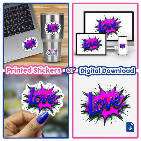 Collage of Love Valentine's Day stickers and digital artwork, featuring a laptop adorned with a sticker and a hand holding a sticker, showcasing unique designs from Decal Venue.