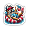 Bulldog American Flag Float Merica sticker: cartoon dog on a float holding a beer and American flag. Available as stickers or digital artwork from Decal Venue.