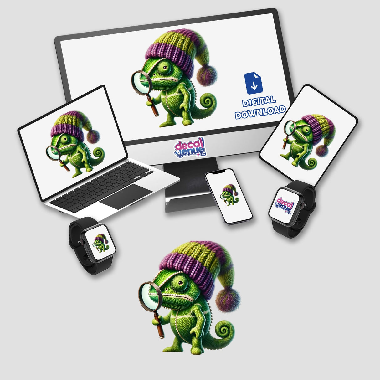 Colorful chameleon gnome with magnifying glass, available as digital artwork from DecalVenue store