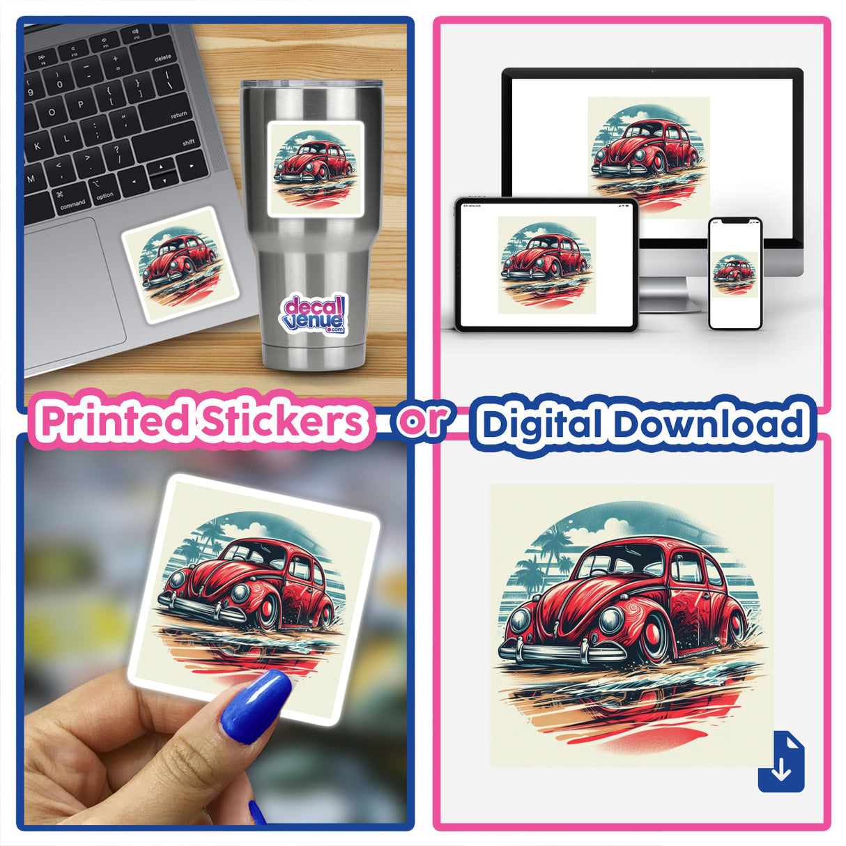 Colorful VW Bug digital artwork displayed on various products including a laptop, phone, and stickers. The retro-styled illustration showcases the iconic Volkswagen Beetle car against a tropical background.
