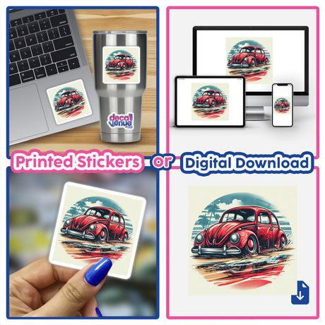 Colorful VW Bug digital artwork displayed on various products including a laptop, phone, and stickers. The retro-styled illustration showcases the iconic Volkswagen Beetle car against a tropical background.