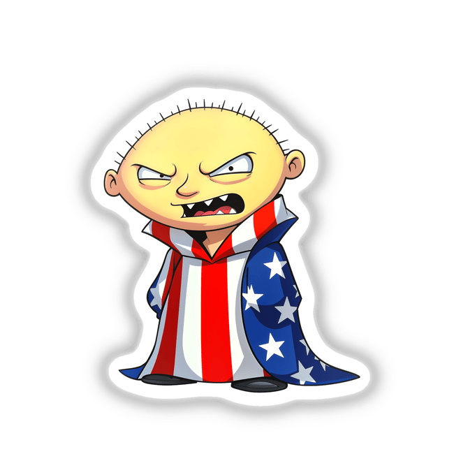 Cartoon titled A Funny Guy With An American Flag, depicting a man in a red, white, and blue robe. Available as stickers or digital artwork from Decal Venue.