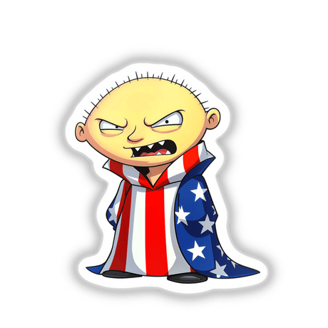 Cartoon titled A Funny Guy With An American Flag, depicting a man in a red, white, and blue robe. Available as stickers or digital artwork from Decal Venue.