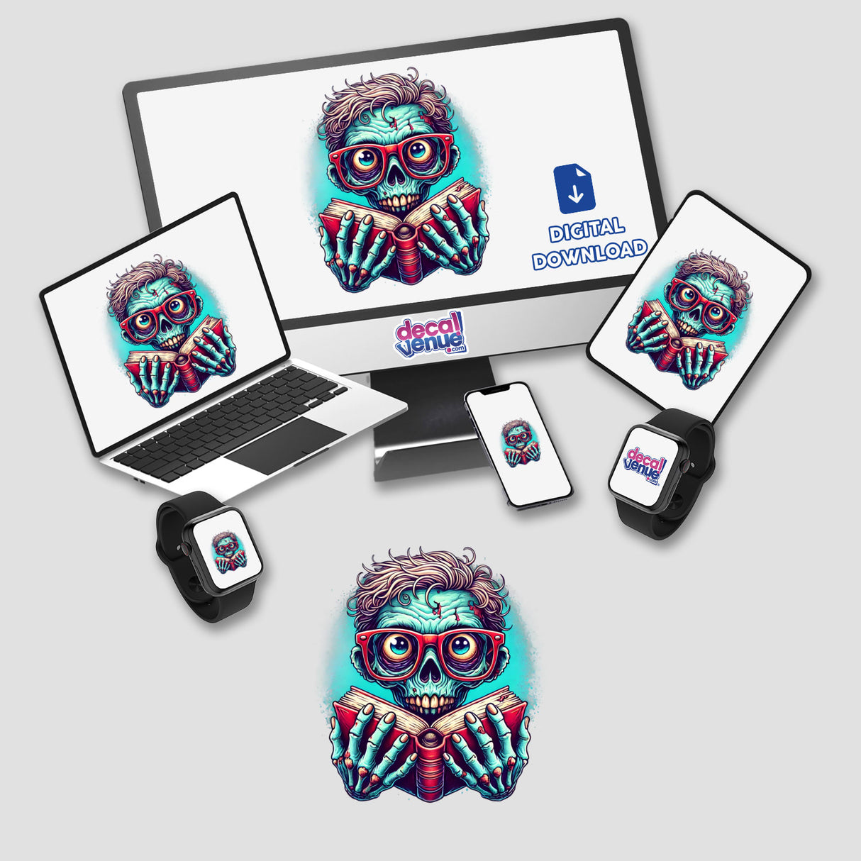Colorful zombie character in reading glasses holding a book, digital artwork by DecalVenue for stickers and digital downloads.