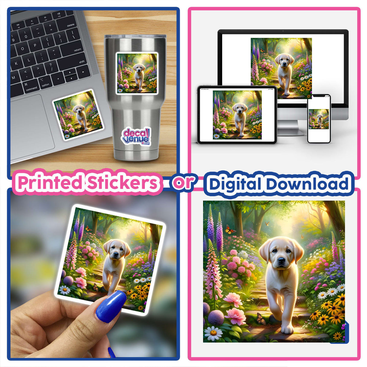 Labrador Retriever in an Enchanted Woodland Path Watercolor Illustration displayed on a laptop, emphasizing unique stickers and digital artwork available from Decal Venue.