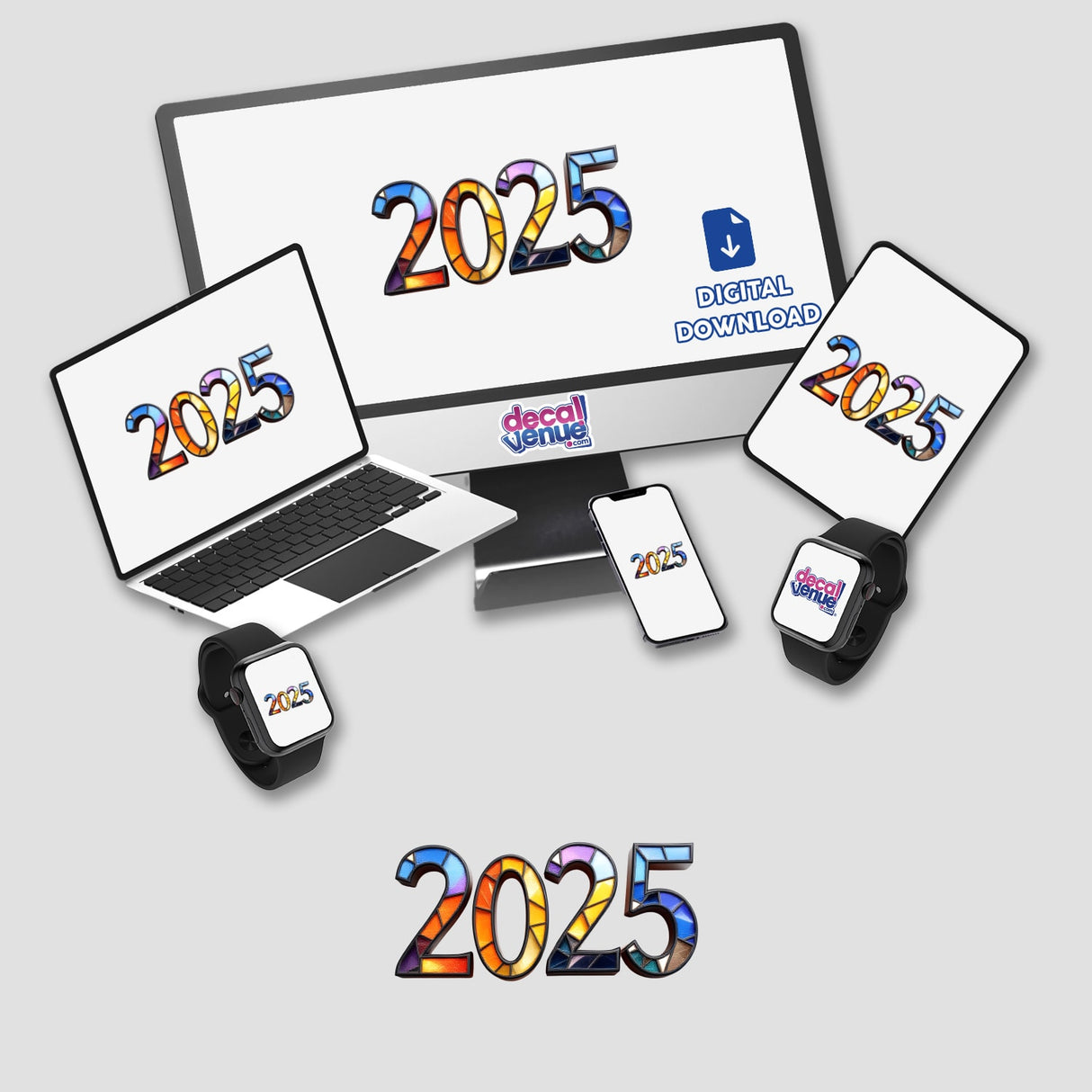 2025 Numerals Stained Glass Style design displayed on a computer monitor and laptop, showcasing colorful numeral patterns, available as stickers or digital artwork from Decal Venue.
