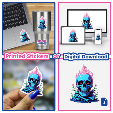 Collage of a laptop with A Skull And Bones On Fire sticker, showcasing a dynamic skull design with flames, perfect for personalizing items with bold, unique art.