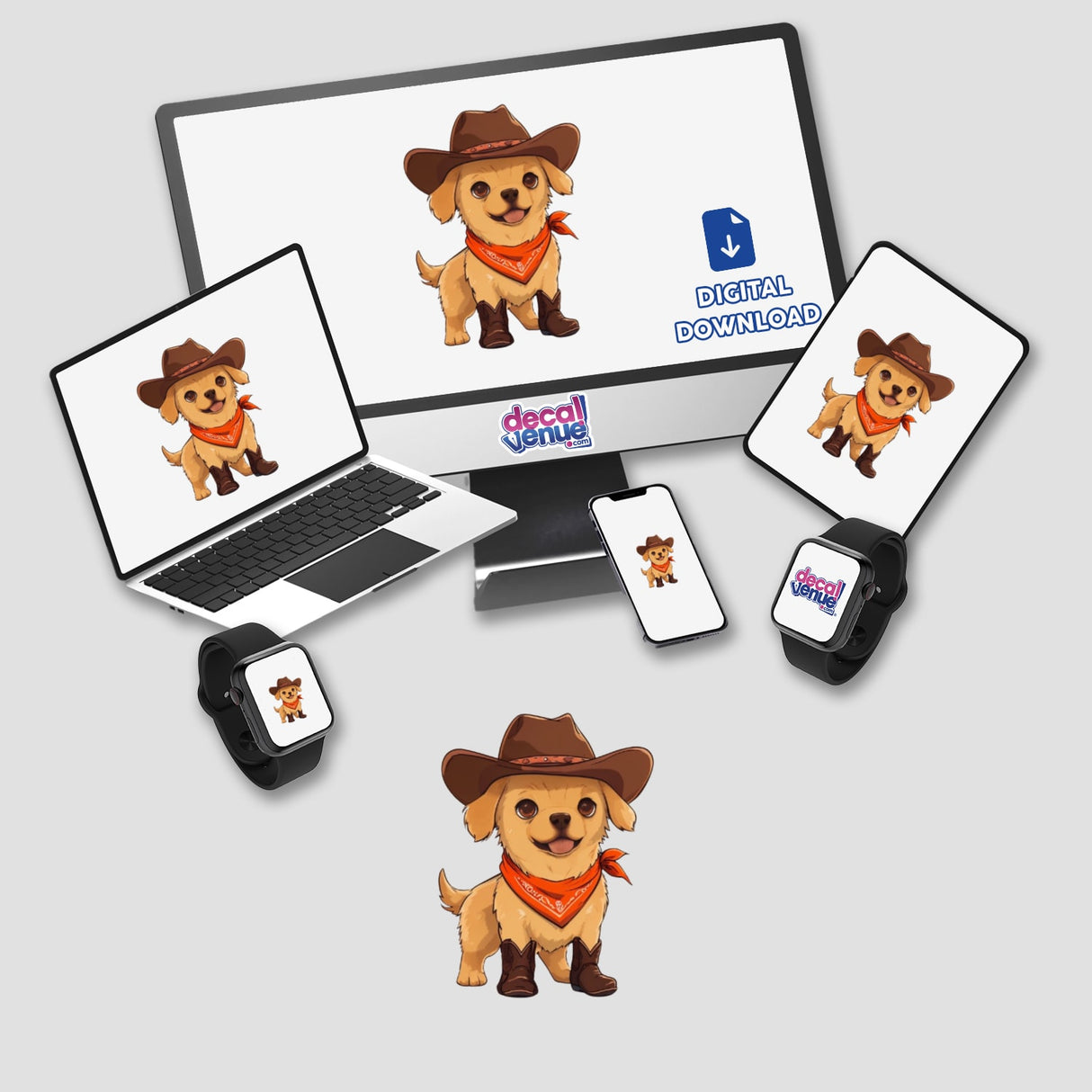 Chibi Cowboy Dog Sticker - Cute Cowboy Dog Decal Clipart displayed on a laptop, tablet, and smartphone, featuring a cartoon dog in a cowboy hat and boots. Available as stickers or digital artwork.