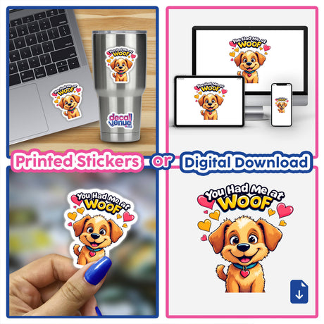 Collage featuring Puppy Love stickers and digital artwork. Includes a cartoon dog with hearts, depicted on a laptop, cup, and nail art, showcasing Decal Venue's unique offerings.