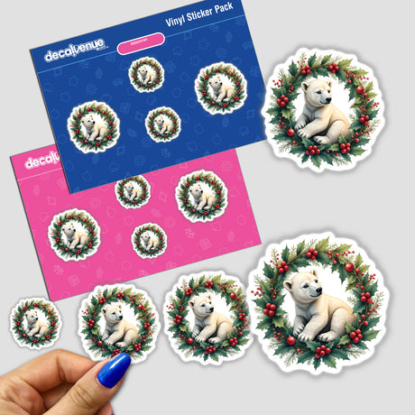 Polar Bear Cub in a Christmas Wreath sticker, featuring a cute polar bear nestled within holly leaves and berries, perfect for holiday-themed decoration or digital artwork from Decal Venue.