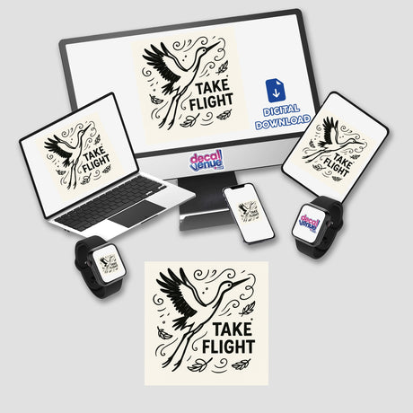 Take Flight Crane Sticker: A graceful crane in bold black lines with swirling patterns and feathers, inspiring adventure and ambition. Available in various sizes as durable, water-resistant vinyl or digital art.