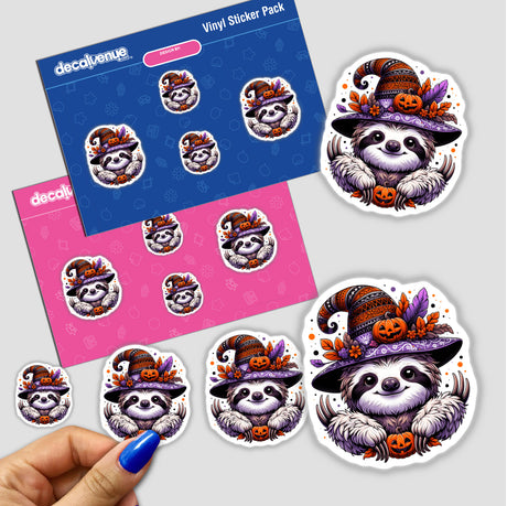 Halloween Sloth in Witch Hat sticker featuring cartoon sloths wearing various hats, held by a hand, available as stickers or digital artwork from Decal Venue.
