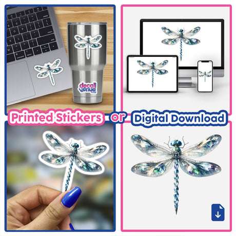 Dragonfly Jewels and Gemstones collage featuring dragonfly stickers on a laptop, cup, and finger, showcasing intricate designs with diamonds and crystals. Available as Stickers or Digital Artwork.