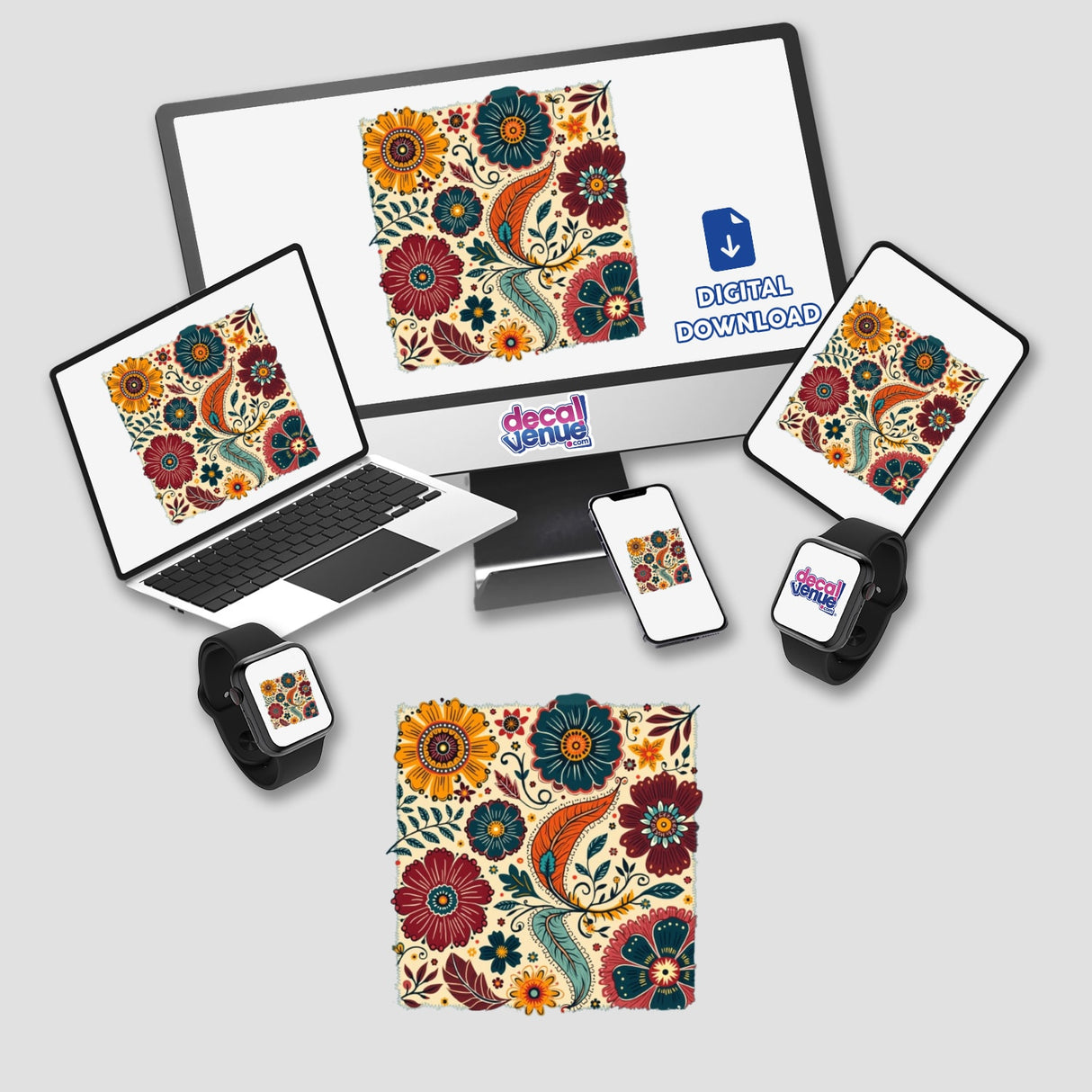 Boho Floral Clipart with Fall Color Palette displayed on a computer monitor and laptop, featuring colorful flowers. Available as Stickers or Commercial Use Download from Decal Venue.