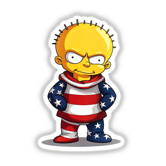A Funny Guy with an American Flag Outfit cartoon sticker, featuring stars and stripes attire, available as unique vinyl stickers or digital artwork from Decal Venue.
