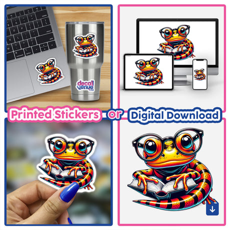 Sticker of a cartoon lizard with reading glasses and an open book, titled Newt With Reading Glasses Open Book, showcased on a laptop, available as unique stickers or digital artwork.
