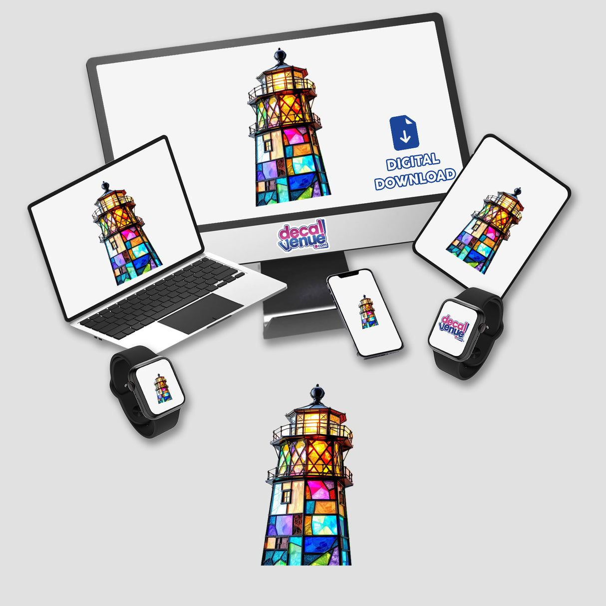 Lighthouse Stained Glass Style: A laptop and tablet display a digital artwork of a lighthouse, available as stickers or digital art, reflecting Decal Venue's unique style.