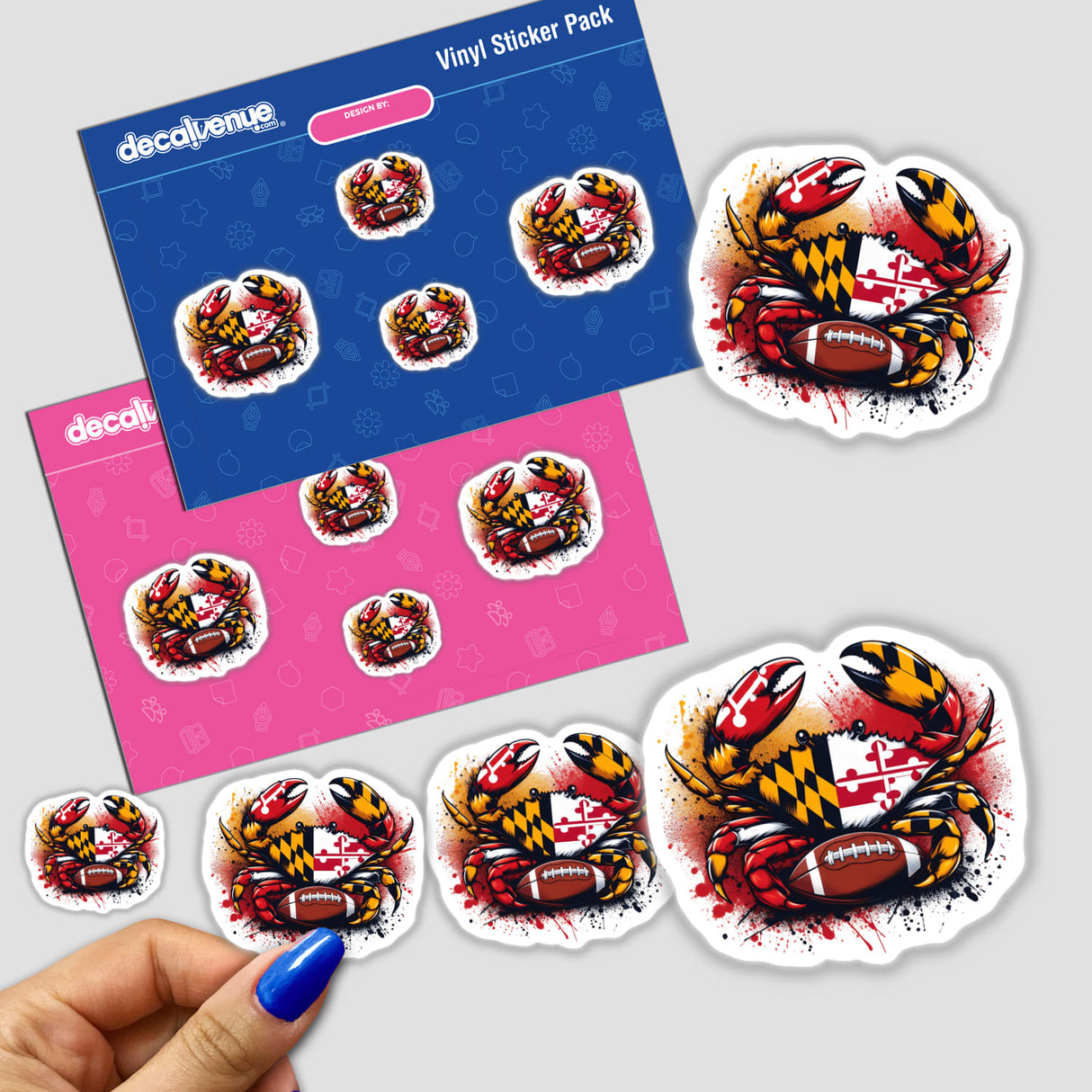 Vibrant Maryland football crab-themed digital artwork stickers displayed on a Decal Venue product sheet. The stickers feature bold designs with the Maryland flag colors and football imagery, creating an eye-catching and spirited product.