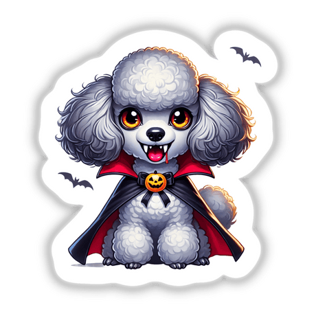 Vampire Poodle Dog with Fangs illustration featuring a cartoon dog in a vampire cape and fangs, perfect for Halloween-themed stickers or digital downloads from Decal Venue.