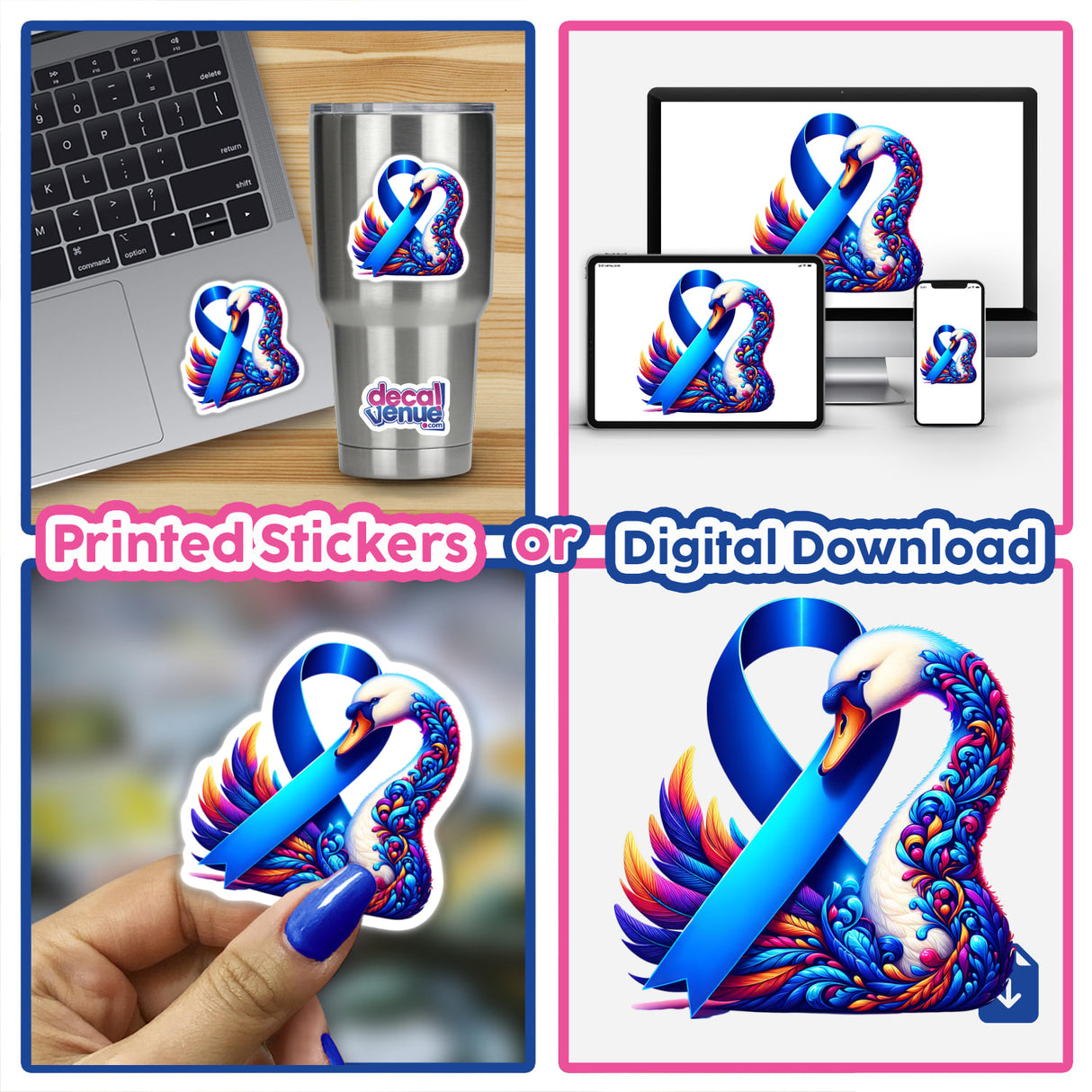 Swan Colon Cancer Awareness Blue Ribbon sticker collage featuring a swan, laptop, and blue ribbon design, available as vinyl stickers or digital artwork.