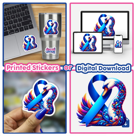 Swan Colon Cancer Awareness Blue Ribbon sticker collage featuring a swan, laptop, and blue ribbon design, available as vinyl stickers or digital artwork.